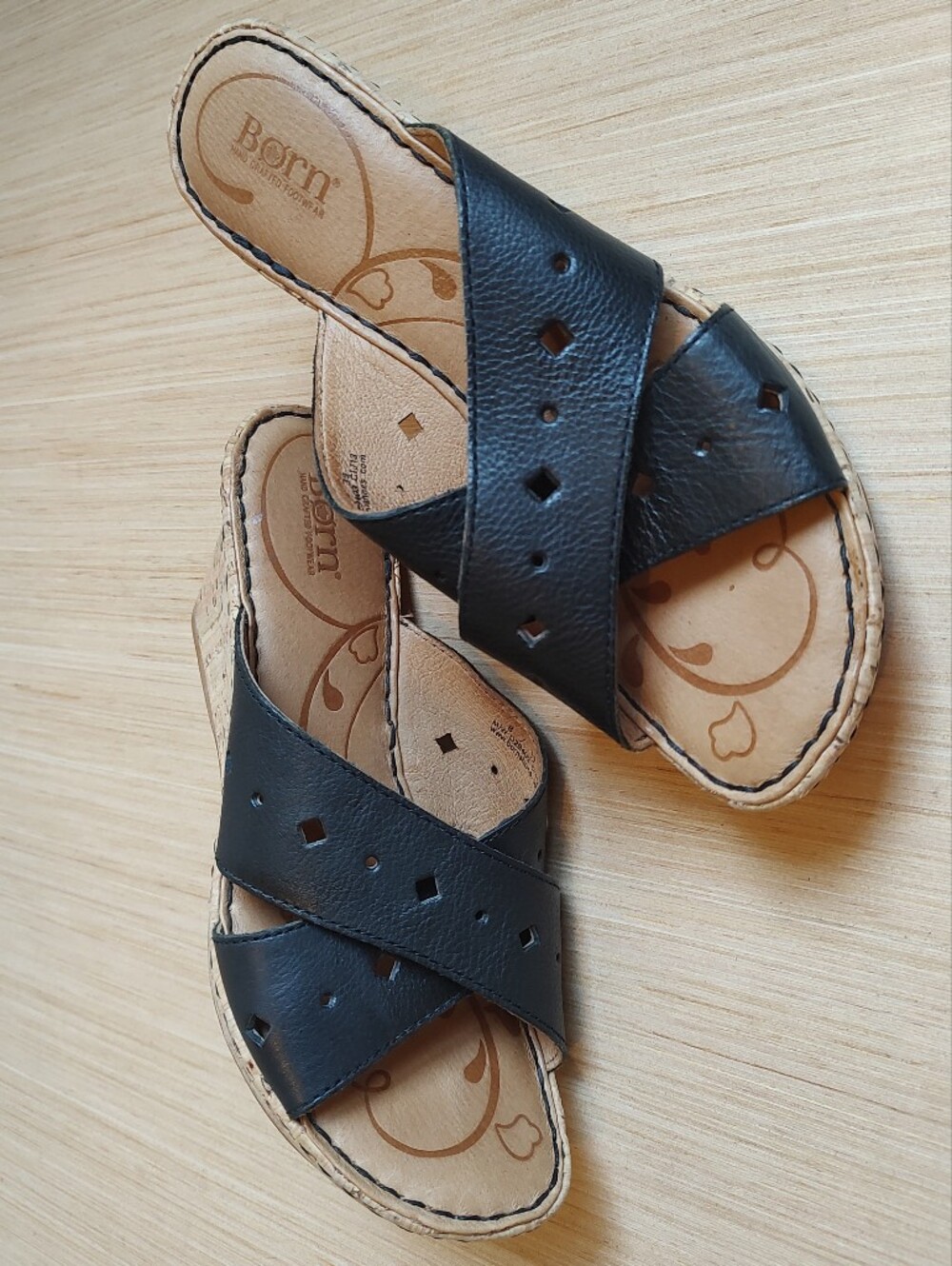 Born Canova Wedge Platform Sandals Leather Laser Cut Black Cork Slides Shoes 8